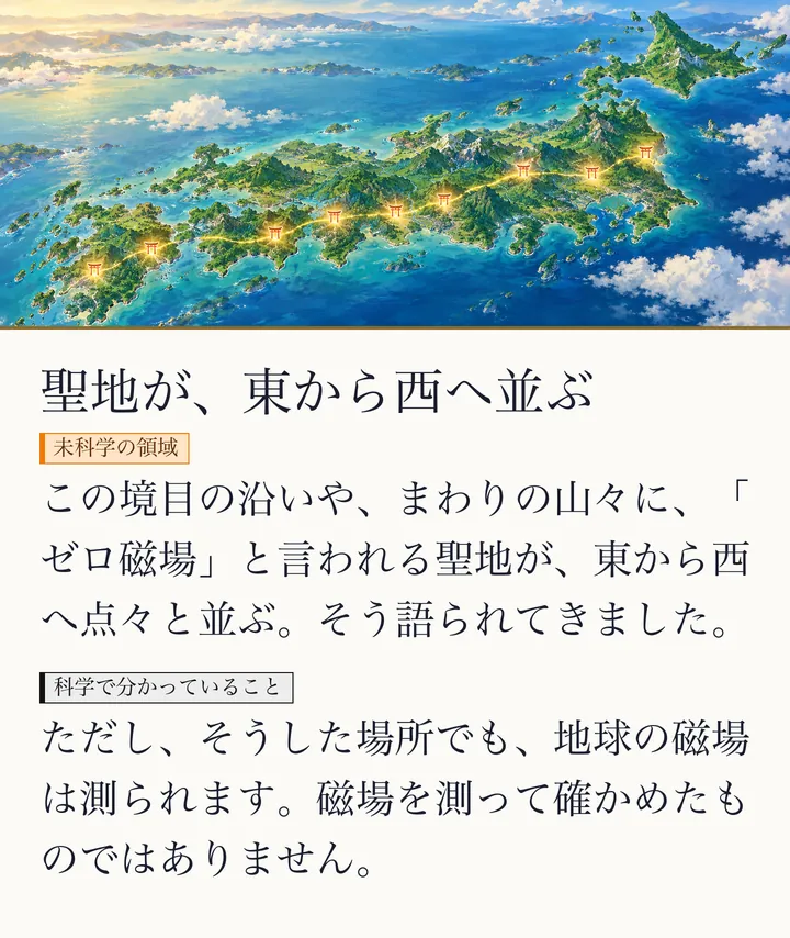 日本列島の山々に、金色の光が東から西へ点々と並ぶ絵。実際の位置を示す地図ではありません|ゼロ磁場と言われる聖地のイメージ。聖地が、東から西へ並ぶ。この境目の沿いや、まわりの山々に、「ゼロ磁場」と言われる聖地が、東から西へ点々と並ぶ。そう語られてきました。ただし、そうした場所でも、地球の磁場は測られます。磁場を測って確かめたものではありません。