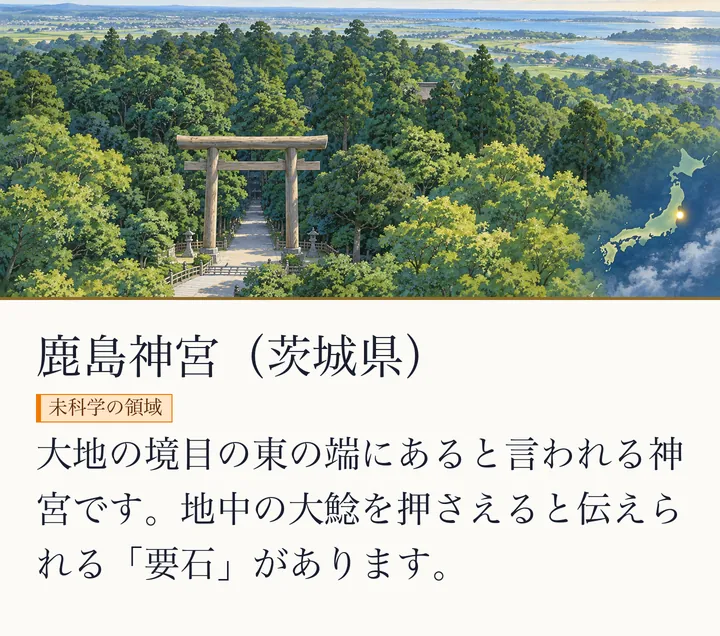 深い森の参道に石の鳥居が立ち、右下に日本列島の小さな光がある絵|鹿島神宮のイメージ。鹿島神宮(茨城県)。大地の境目の東の端にあると言われる神宮です。地中の大鯰を押さえると伝えられる「要石」があります。(ゼロ磁場のスライド 21/57)