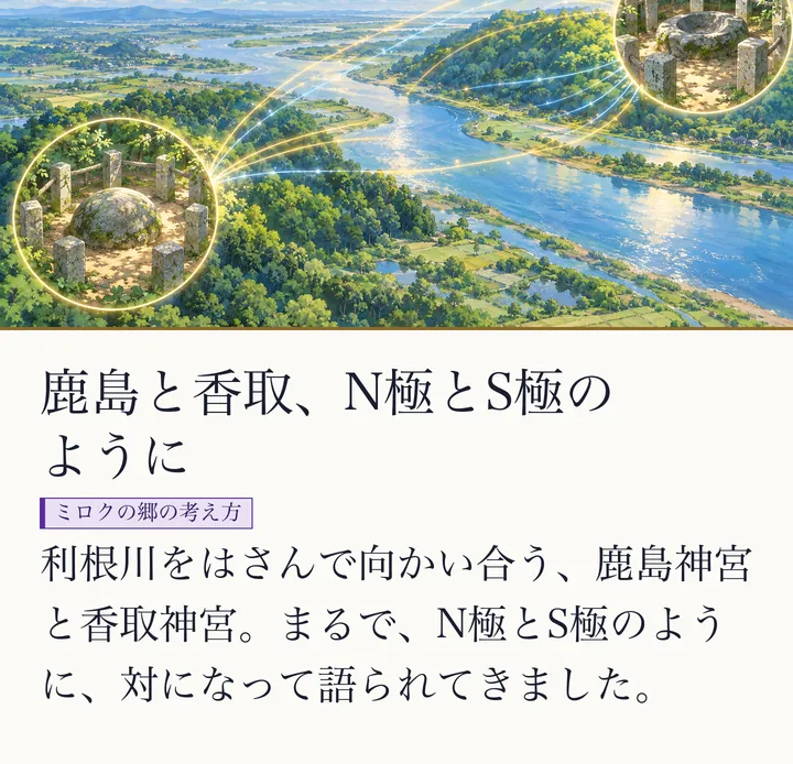 川をはさんだ二つの丘の石の祭壇が、光の線で結ばれている絵|鹿島神宮と香取神宮のイメージ。鹿島と香取、N極とS極のように。利根川をはさんで向かい合う、鹿島神宮と香取神宮。まるで、N極とS極のように、対になって語られてきました。(ゼロ磁場のスライド 22/57)