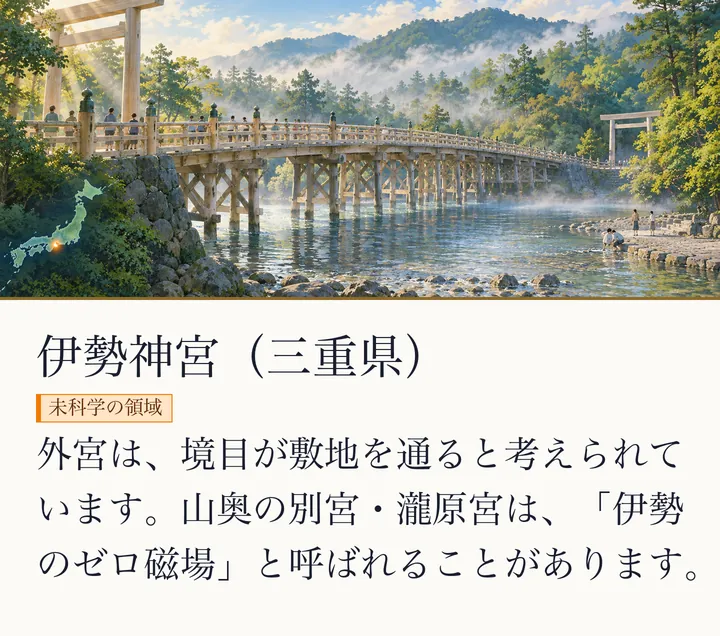 朝霧の川にかかる木の橋と、大きな鳥居が見える絵|伊勢神宮のイメージ。伊勢神宮(三重県)。外宮は、境目が敷地を通ると考えられています。山奥の別宮・瀧原宮は、「伊勢のゼロ磁場」と呼ばれることがあります。