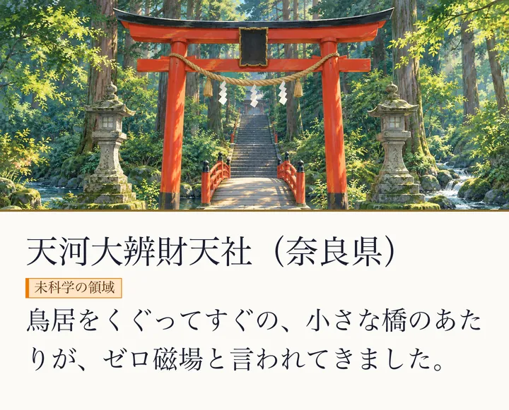 朱の鳥居の先に石段と朱の橋があり、谷川が流れる絵|天河大辨財天社のイメージ。天河大辨財天社(奈良県)。鳥居をくぐってすぐの、小さな橋のあたりが、ゼロ磁場と言われてきました。