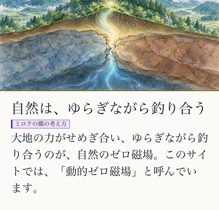 大地が左右から押し合う割れ目に、光の筋と青い水が流れる断面の絵|動的ゼロ磁場のイメージ。自然は、ゆらぎながら釣り合う。大地の力がせめぎ合い、ゆらぎながら釣り合うのが、自然のゼロ磁場。このサイトでは、「動的ゼロ磁場」と呼んでいます。