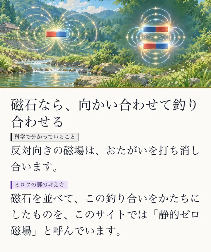 川辺で、赤と青の棒磁石が二組、光の線をえがいて向き合う絵|静的ゼロ磁場のイメージ。磁石なら、向かい合わせて釣り合わせる。反対向きの磁場は、おたがいを打ち消し合います。磁石を並べて、この釣り合いをかたちにしたものを、このサイトでは「静的ゼロ磁場」と呼んでいます。