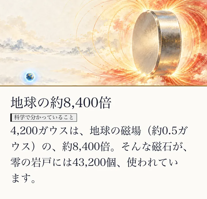 大きな銀色の磁石のそばに、とても小さな地球が浮かび、大きさのちがいをあらわす水彩の絵|磁石の強さと地球の磁場の比べ。地球の約8,400倍。4,200ガウスは、地球の磁場(約0.5ガウス)の、約8,400倍。そんな磁石が、零の岩戸には43,200個、使われています。(ゼロ磁場のスライド 32/57)