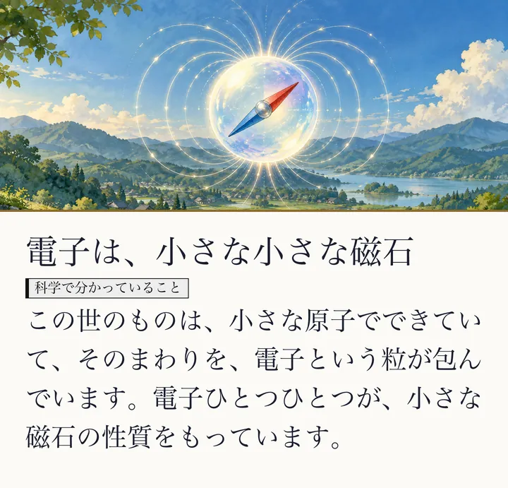 山あいの風景の上に、方位磁石の針をもつ光の球が浮かぶ絵|電子は小さな磁石。電子は、小さな小さな磁石。この世のものは、小さな原子でできていて、そのまわりを、電子という粒が包んでいます。電子ひとつひとつが、小さな磁石の性質をもっています。(ゼロ磁場のスライド 33/57)