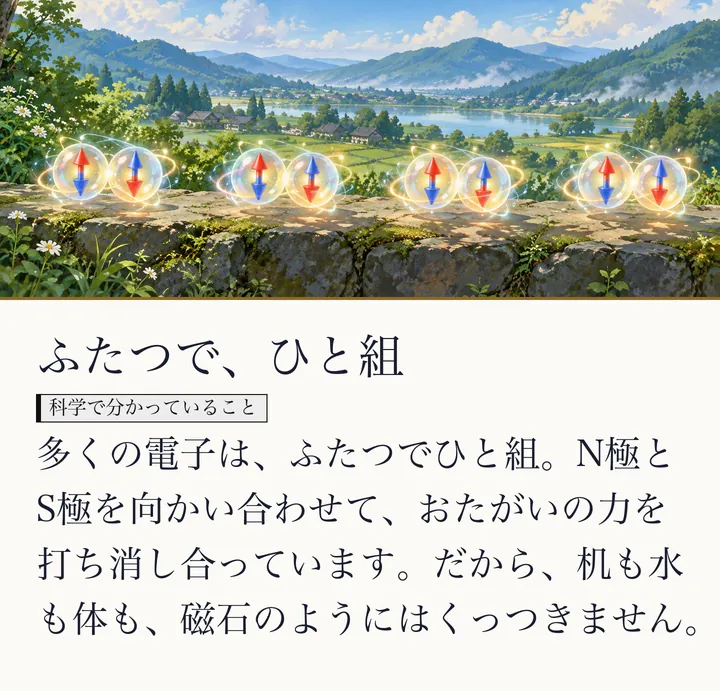 草原の石の上に、青と赤の向き合う矢印をもつ光の粒が四組並ぶ絵|小さな世界にもある釣り合い。ふたつで、ひと組。多くの電子は、ふたつでひと組。N極とS極を向かい合わせて、おたがいの力を打ち消し合っています。だから、机も水も体も、磁石のようにはくっつきません。(ゼロ磁場のスライド 34/57)