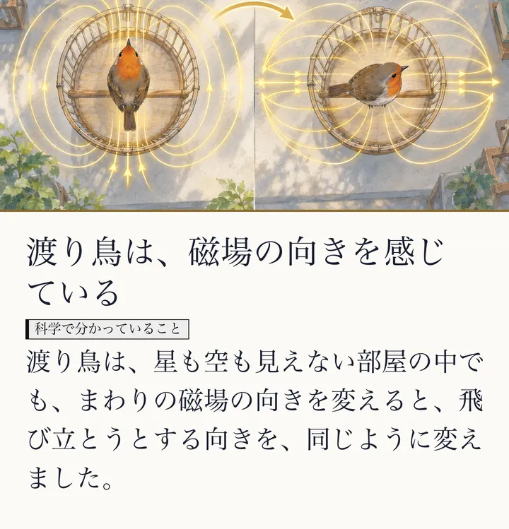 二つの丸い鳥かごの中で、磁力線の向きが変わると、鳥の向きも変わる絵|渡り鳥と地球の磁場。渡り鳥は、磁場の向きを感じている。渡り鳥は、星も空も見えない部屋の中でも、まわりの磁場の向きを変えると、飛び立とうとする向きを、同じように変えました。(ゼロ磁場のスライド 37/57)