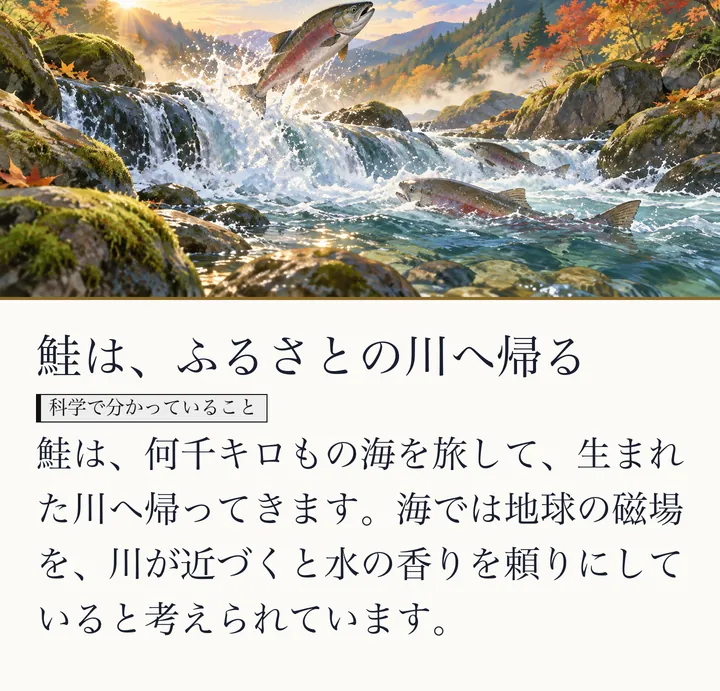 朝日の差す紅葉の渓流で、鮭が白い水しぶきをあげて滝をのぼる絵|生き物と地球の磁場。鮭は、ふるさとの川へ帰る。鮭は、何千キロもの海を旅して、生まれた川へ帰ってきます。海では地球の磁場を、川が近づくと水の香りを頼りにしていると考えられています。(ゼロ磁場のスライド 38/57)