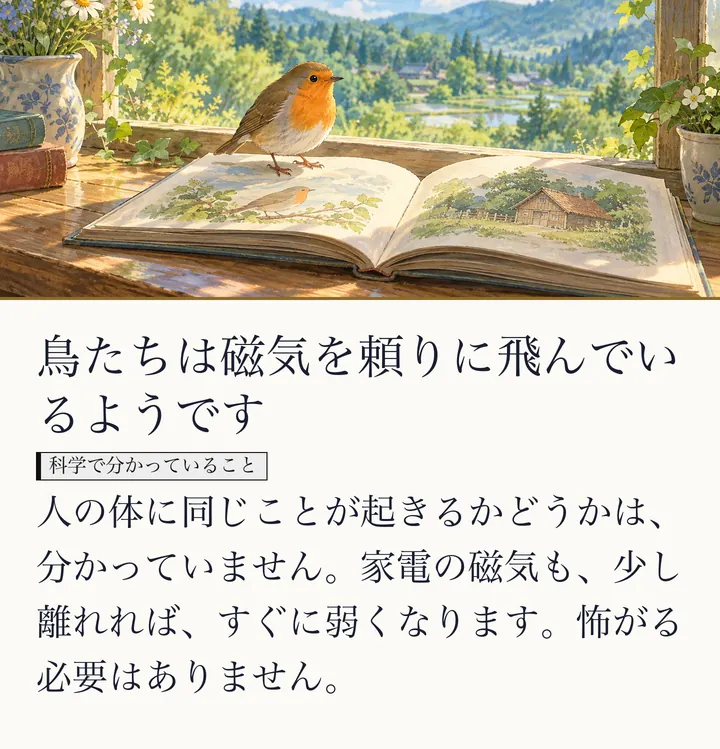 窓辺の開いた図鑑の上に、ロビンが一羽とまっている絵|鳥の実験は人の体の話ではありません。鳥たちは磁気を頼りに飛んでいるようです。人の体に同じことが起きるかどうかは、分かっていません。家電の磁気も、少し離れれば、すぐに弱くなります。怖がる必要はありません。(ゼロ磁場のスライド 41/57)