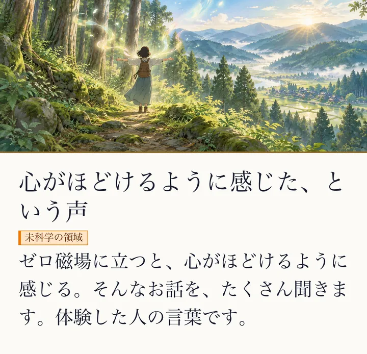 杉木立の中で、光の粒につつまれて立つ人の後ろ姿の絵|ゼロ磁場での体験のイメージ。心がほどけるように感じた、という声。ゼロ磁場に立つと、心がほどけるように感じる。そんなお話を、たくさん聞きます。体験した人の言葉です。