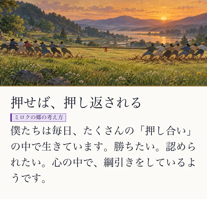 夕焼けの野原で、大勢の人が一本の綱を引き合う綱引きの絵|心の押し合いのたとえ。押せば、押し返される。僕たちは毎日、たくさんの「押し合い」の中で生きています。勝ちたい。認められたい。心の中で、綱引きをしているようです。(ゼロ磁場のスライド 46/57)