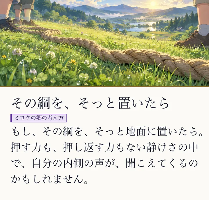 草の上に太い綱がそっと置かれ、人の足もとだけが見える絵|押し合いを手放すイメージ。その綱を、そっと置いたら。もし、その綱を、そっと地面に置いたら。押す力も、押し返す力もない静けさの中で、自分の内側の声が、聞こえてくるのかもしれません。(ゼロ磁場のスライド 47/57)