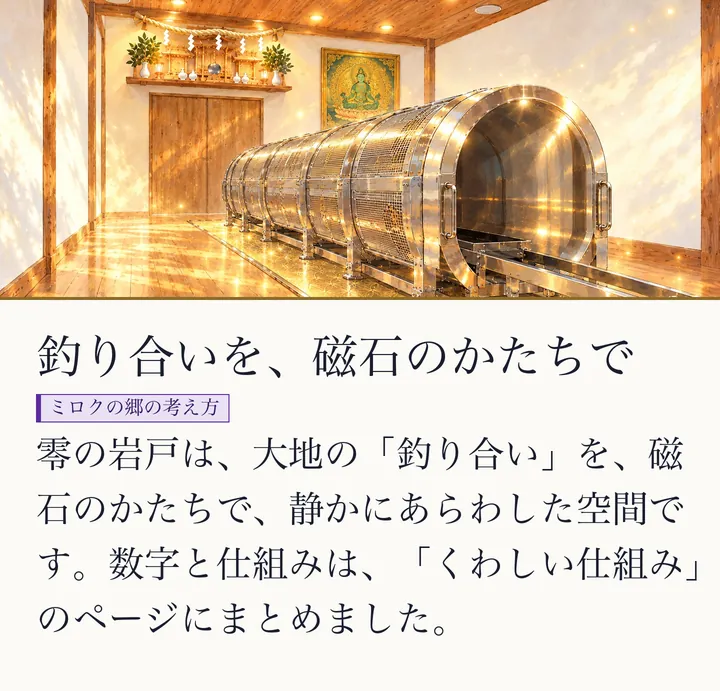 金色の光に照らされた零磁場神殿の完成イメージ。奥にしめ縄の神棚とグリーンターラのマンダラ、手前に銀色の円筒の零の岩戸|ゼロ磁場ドーム。釣り合いを、磁石のかたちで。零の岩戸は、大地の「釣り合い」を、磁石のかたちで、静かにあらわした空間です。数字と仕組みは、「くわしい仕組み」のページにまとめました。