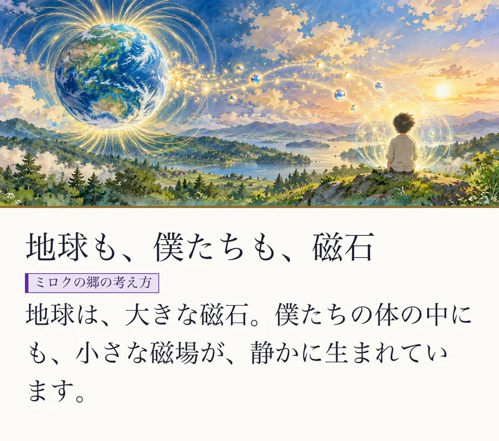 丘に座る人が、空に浮かぶ青い地球を見上げ、光の流れが二つをつなぐ絵|地球と人の小さな磁場。地球も、僕たちも、磁石。地球は、大きな磁石。僕たちの体の中にも、小さな磁場が、静かに生まれています。(ゼロ磁場のスライド 53/57)