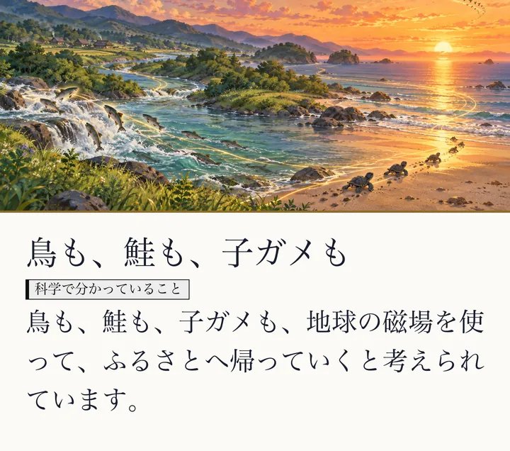 夕日の海岸で、鳥の群れが空を渡り、子ガメと鮭が水辺へ向かう絵|生き物と地球の磁場。鳥も、鮭も、子ガメも。鳥も、鮭も、子ガメも、地球の磁場を使って、ふるさとへ帰っていくと考えられています。(ゼロ磁場のスライド 54/57)