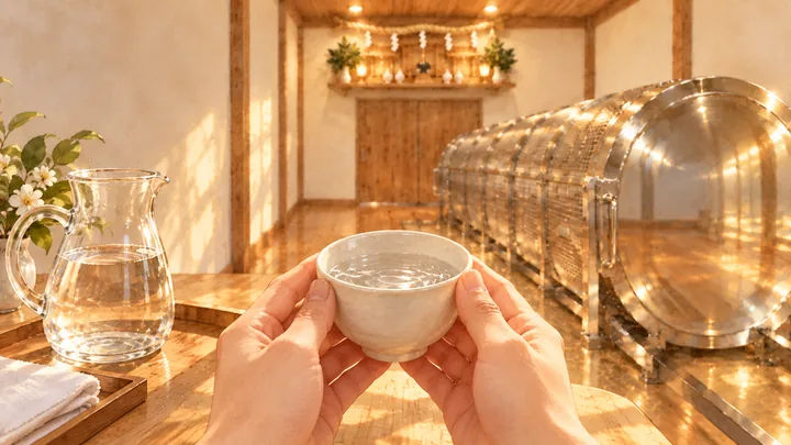 零磁場神殿の中で、両手で白い器のご神水を包む手元。奥に神棚と銀色の零の岩戸、横にガラスの水差し(イメージの絵)|ゼロ磁場神殿(零磁場神殿)