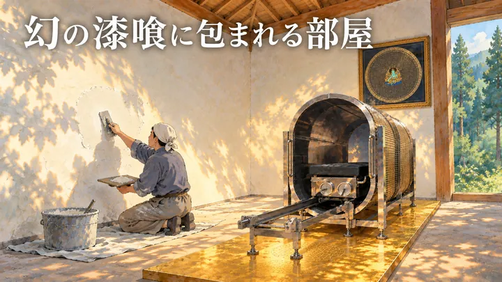幻の漆喰に包まれる部屋。職人が白い漆喰を塗る部屋の奥に、零の岩戸とグリーンターラのマンダラが見える絵｜ゼロ磁場神殿（零磁場神殿）