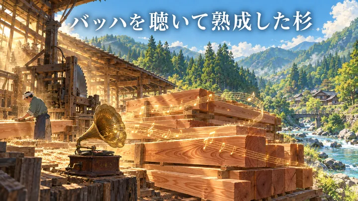 バッハを聴いて熟成した杉。山あいの製材所で、蓄音機の音楽に包まれて熟成する杉の板の絵｜ゼロ磁場神殿（零磁場神殿）