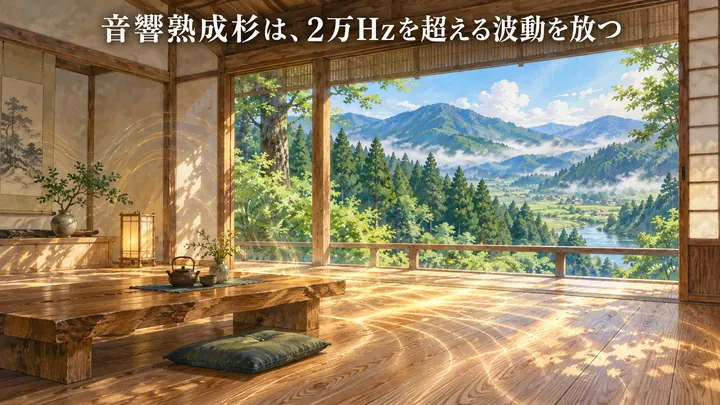 音響熟成杉は、2万Hzを超える波動を放つ。杉の床と漆喰の壁の和室に、耳に聞こえない響きの輪が広がる絵｜ゼロ磁場神殿（零磁場神殿）