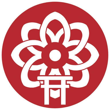 零磁場神殿の社紋「和多志紋」。中心の一点のまわりに花びらのような線が広がり、下に鳥居がある、ゼロ磁場神殿の紋